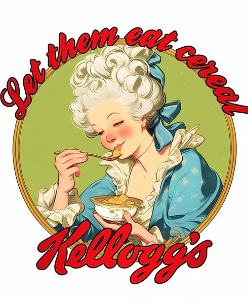 Cartoon drawing showing a white woman wearing a high white wig styled in elaborate curls with blue ribbons, and a blue dress with white ruffles and long sleeves with more ruffles at the cuffs (presumably Marie Antoinette), as she spoons up some cereal out of a bowl. At the top of the image, in red font, "let them eat cereal" and below, "Kellogg's"