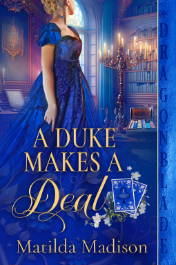 Cover for _A Duke Makes a Deal_, shows a slender blonde white woman, wearing a vivid royal blue period gown with a deep square neckline and very short cap sleeves, standing in a room (probably a library) illuminated by a many-armed candelabra with all its candles lit, as well as by the diffuse light coming in from a window farther in the back of the room. On the same table as the candelabra, there's a wooden box, open to reveal neat rows of colorful playing tokens (also known as casino chips)