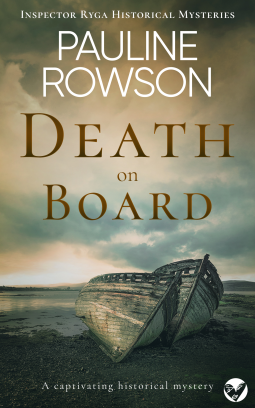 Cover for _Death on Board_, showing two wood fishing boats pulled on a dark pebbled beach; the background is an expanse of water and a distant coastline, under moody and stormy skies. There's an insinuation of light on the far horizon.